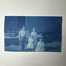 Antique Cyanotype Family by train car original VINTAGE PHOTO snapshot railway