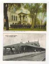 2 1908 Postcards Eau Claire WI North Western Depot + GAR Post at Courthouse