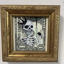 Skeleton King aceo 1 Dollar Bill painting Tattoo Art Street Art money art