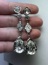 Signed Swarovski Earrings Chandelier Rhodium Plated Clip On Bridal Wedding 2.5 “