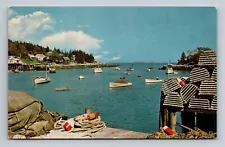 1956 Lobster Boats and Gear Scene Dock Maine ME Vintage Postcard