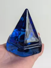 Vintage Ship Deck Prism Cobalt Blue Hexagonal Pyramid Glass Paperweight 3" Tall