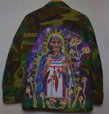 Mexican Shaman Maria Sabina Military Camouflage Jacket Hand Painted Small Size