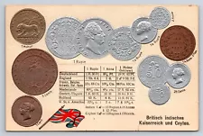 German Postcard Coins Of British Indian Empire & Ceylon Embossed Flag AT16