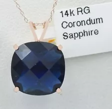 LAB CREATED 6.89 Cts CORUNDUM BLUE SAPPHIRE PENDANT 14k ROSE GOLD - MADE IN USA