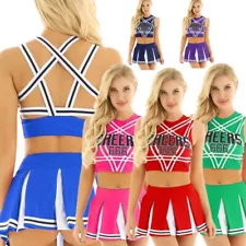 2Pcs Women Adult Charming Cheer Leader Uniform Crop Top with Mini Pleated Skirts