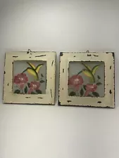 HUMMINGBIRD STAINED GLASS RUSTIC FRAMED PAIR W/ HANGERS 5.75” SQ WINDOW PANES