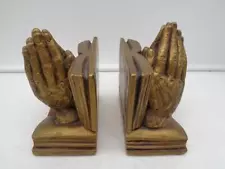 Vtg Praying Hands Holy Bible Marwal Ind Bookends Plaster Chalkware Faux Bronze