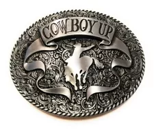 COWBOY UP western style Embossed Metal Antique silver RODEO BELT BUCKLE