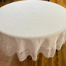 White 71" Round Tablecloth includes a 7" lace ruffle w Stains