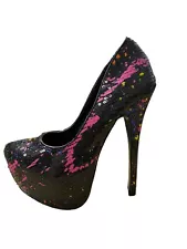 Shiekh 018 Paint Splatter Sequined Stiletto Pump 'Black/Multi' Womens Size 5.5