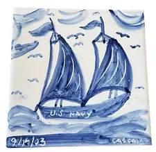 Azupal Fabricado Portugal -2003 Cascais Hand Painted Tile U.S. Navy Sailboat 6"