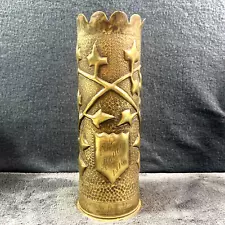 WW1 Trench Art Brass Artillery Shell Vase 75mm 1914/1918 9.5" Tall Engrvd UNIQUE