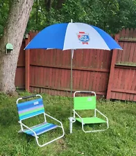 Classic OLD STYLE BEER Outdoor / Beach Blue & White Paneled Logo Umbrella