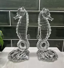 Paden City Clear Glass 8.25” Seahorse Bookends Figurines Coastal Cape Cod 1930s