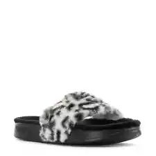 PUMA LEADCAT FLUFF SAFARI FUR LEOPARD SLIDE WOMEN SHOES SLIPPER BLACK SIZE 9 NEW