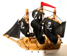 Miniature Wood Pirate Ship 4" Long 3" Tall Sculls on Black Sails