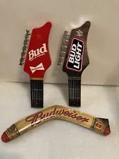 3 VINTAGE BUDWEISER TAPS. 2 GUITARS AND A BOOMERANG draft beer tap handles. USA