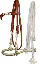 Western Horse Rawhide Core Bosal Hackamore Bitless Headstall w/ Mecate Reins