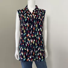 Talbots Size L Blouse Nautical Buoys Printed Preppy Navy Button Down Sleeveless