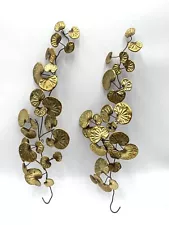 Vintage Mid Century Modern Brass Copper Gotu Kola Plant Wall Hanging 2 Piece Set