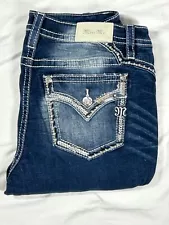 Miss Me Jeans Women's 32 Blue Mid-Rise Skinny Embroidered Faded Whisker Sequin