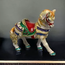 Enamel Carousel Horse Hinged Trinket Box Metal with Rhinestones / Jeweled