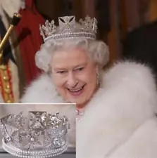 Royal Queen Elizabeth Crown English Crystal Jewels Imperial Silver Head Tiara