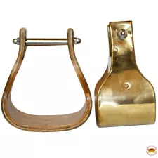 24JK Bar H Equine Western Horse Heavy-Duty Brass Bounded Wooden Stirrups