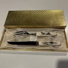 Genuine Etched Ivory Carving Set Knife And Fork Excellent Condition