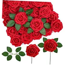 50 pcs Real Touch Roses with Stems & Silk Leaves - Bulk Artificial Flowers Red