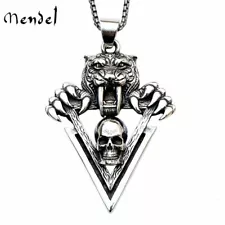 MENDEL Mens Biker Saber Tooth Tiger Skull Necklace Pendant Stainless Steel Beast