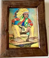 Original Painting Native American Indian Chief THE WATCHER Headdress 5x7 Framed