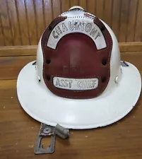 Early Vintage White Fire Helmet w/Leather Shield Asst Chief Chaumont FD