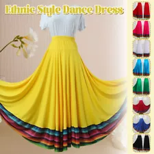 Women Square Dance High Waist Ruffle Pleated Skirt Ethnic Rainbow Dance Skirts