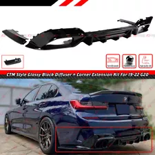 FOR 19-22 BMW G20 330i M340i CTM STYLE GLOSS BLACK REAR DIFFUSER W/ CORNER SPATS (For: BMW)