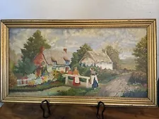 Vtg Oil Painting English Thatched Cottage Garden Village Women Gold Frame Signed