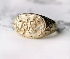 Signet Ring Beautiful Patterned 18k Gold Plated Hand Carved Ring For Sale