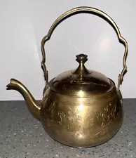 Vintage Etched Brass Tea Pot Kettle With Lid Floral Design