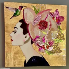 Ashley Longshore Audrey Original Contemporary Art 24x24 gold pink hummingbird