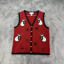 Croft & Barrow Ugly Sweater Vest Womans Medium Red Christmas Snowman V Neck READ