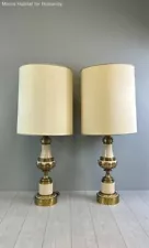 Stiffel: Large Crème and Brass Lamps with Shades- Set of Two 35.5" Lamps