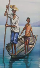 Original Haitian MEN CANOING AT SEA signed Painting On Board 5" X 24" Archer NEW