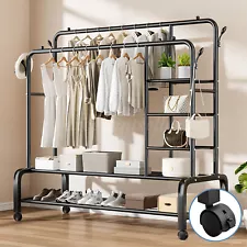 Heavy Duty Clothing Garment Rack Rolling Clothes Organizer Double Rails Hanging