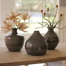 Set Of Three Raw Metal Vases With Copper Detail Brown