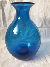 Blenko Blue Donut(?) Vase Hand Signed by Richard Blenko 11"