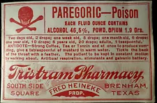 Vintage 1930s TEXAS Poison Pharmacy Label Paregoric OPIUM Brenham Skull