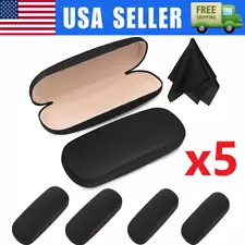 NEW Clam Shell Hard Eyeglasses PU Glasses Case Black w/Microfiber Cleaning Cloth