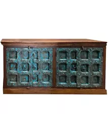 Antique Sideboard Blue Doors Handcarved Long Bar Credenza Rustic Buffet Chest 82