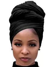 Black Hair Wrap for Women Long Stretch Jersey Head Scarf Summer Breathable Li